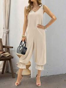 女士休闲纯色打结吊带背心哈伦裤，适合约会和度假