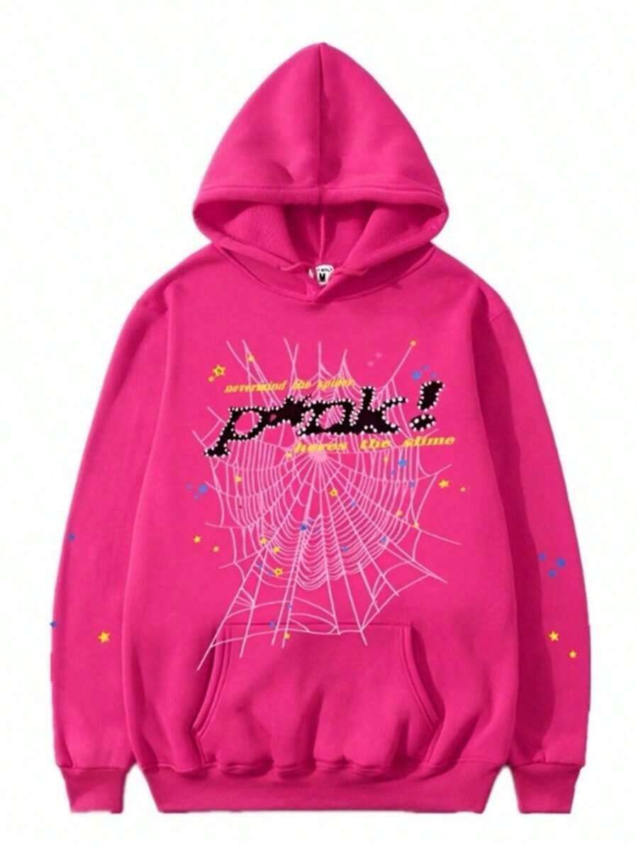 Spider Print Zipper Hoodie, Casual Long Sleeve Hoodie Coat Y2K Spider Print Hoodie, Long Sleeve, Loose Style, Polyester Material, Zipper Design, Gothic Harajuku Style, Autumn And Winter Fashion,Warm And Comfortable - 粉色 - 查看 1