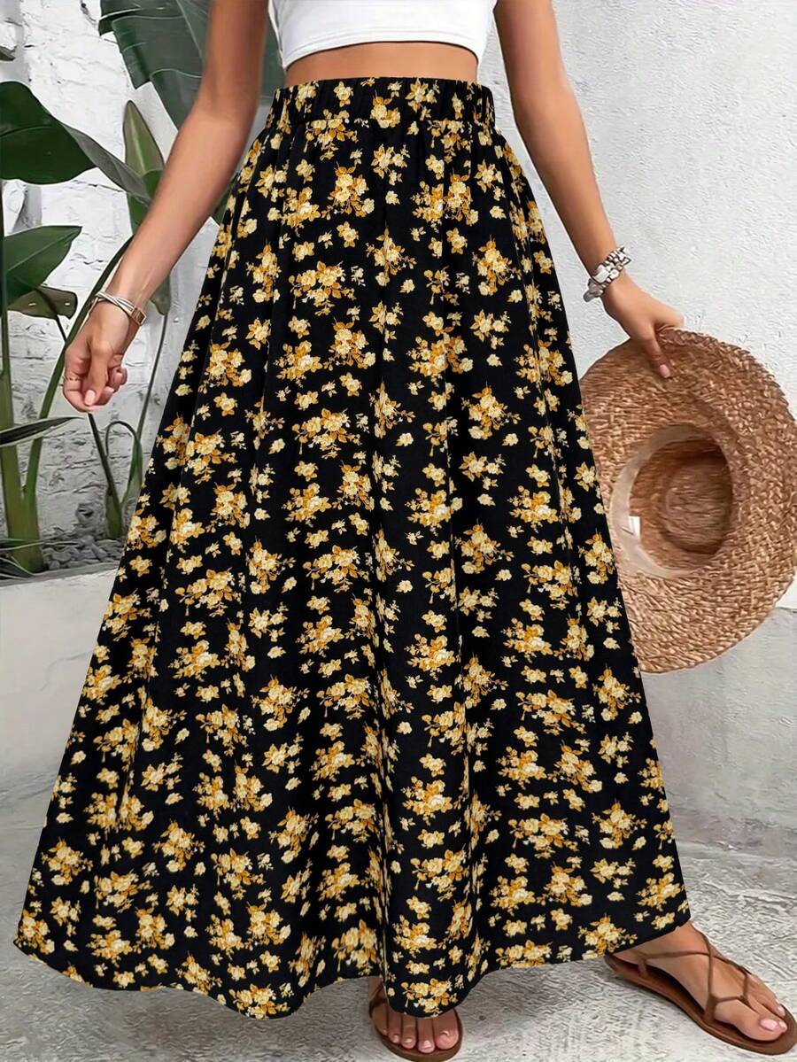 女士高腰印花中长裙，适合节日、冬季、新年、感恩节、返校季、情人节、海滩度假等场合。