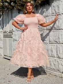 Simplee Plus Size Women's Spring/Summer New Cutout Mesh Puff Sleeve Dress, Elegant For Party, Wedding, Date Wear - Pink - View 5