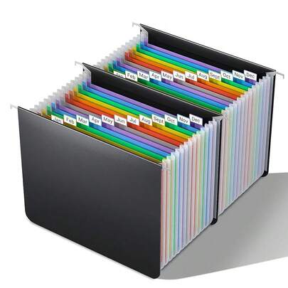 Plastic Expanding Hanging File Folders Letter Size,26 Expandable Pockets,Colored Alphabetical A-Z Tabs,Innovative Accordion Hanging Folder For Filing Cabinet,Fun Storage Office Supplies,Black Rainbow,Rainbow