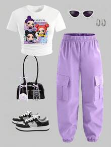 女童卡通印花圆领短袖上衣和工装裤套装 - 白色 - 查看 2