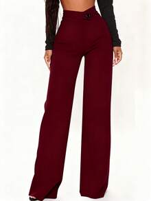 女士休闲优雅直筒裤，返校必备单品，不对称V腰设计凸显曲线，适合日常穿着、办公、约会、度假、圣诞节及其他春季场合。 - 酒紅色 - 查看 4