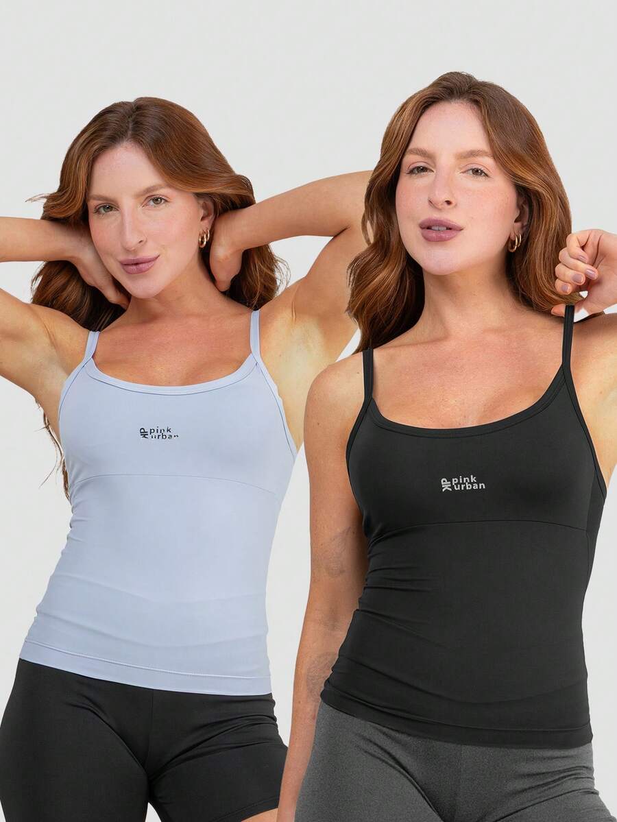 Kit Of 2 Women's Plain Polyamide Tank Tops With Thin Straps, Slim Fit, Summer Gym T-Shirt - PK negro + PK azul - Ver 1