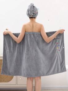 2pcs Women's Bathrobe And Shower Cap Set Summer Wedding Home Bathroom Decor Back To School - Grey Embroidery - View 10