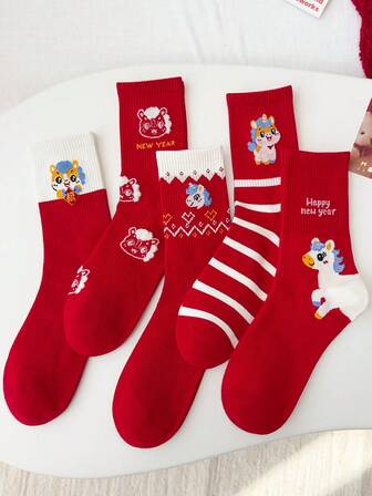 5 Pairs Women's Crew Socks, Cartoon Horse Element, Fashionable, Versatile, Suitable For Various Occasions
