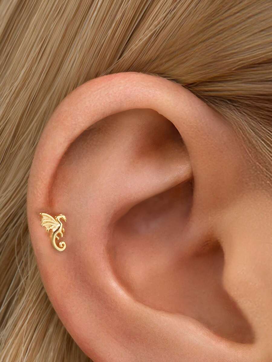 1pc 925 Sterling Silver Dragon Flat Nose Stud | Delicate Small Earring | Stackable Earring | Dragon Earring | 925 Sterling Silver Jewelry | Suitable For Women's Daily Wear | Sold Individually (Not A Pair) - Multicolor - View 1