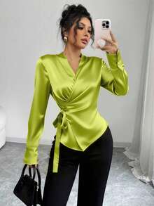Western Inspired Shiny Fabric Side Tie And Puff Sleeve Versatile Stylish Women Shirt Fall Cloth For Women - Lime Green - View 1