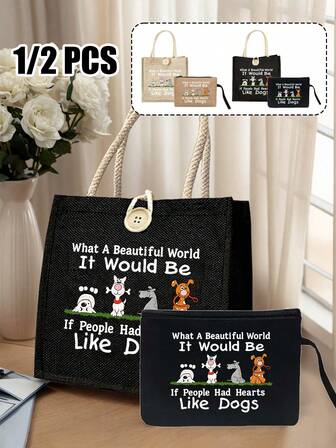 Bolso de lona con hebilla y bolso pequeño con correa de mano, estampado de perro y letra, bolso y bolsa de almacenamiento portátil, bolso y billetera, bolso portátil multifuncional, bolsa de compras de gran capacidad, bolsa de almacenamiento de viaje, artículos de primera necesidad, amantes de las mascotas, bolso de lino elegante, para regalar a familiares, amigos, maestros, compañeros de clase, seres queridos, regalo perfecto para fiestas, cumpleaños, bodas, damas de honor, Ramadán