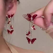 1 Elegant Bohemian Red Tassel Pendant Earrings With Sparkling Synthetic Stone, Women's Alloy Leaf Tassel Earrings, Weddings, Parties, Beach Vacation, And Daily Wear, Earrings - 紅色 - 查看 1