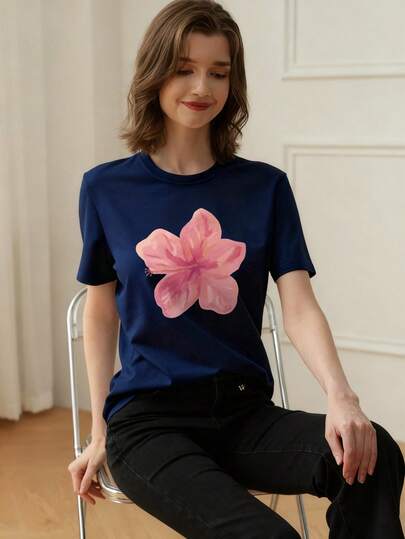 Girls & Teens Students' Casual Navy Printed Round Neck Short Sleeve T-Shirt Top, Summer