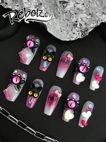 10 Hand-Pressed Coffin-Shaped Nails, Fake Nails, DIY, Halloween Nails,3D Colorful Cat Heart Bow, Transparent Gradient Nail Surface Creates Rebellious Yet Sweet Fingertip Fashion, Suitable For Girls And Ladies To Reusable Nail Art Supplies In Weddings, Parties, Holiday Scenes, Gift A Nail Kit - Hot Pink - View 1