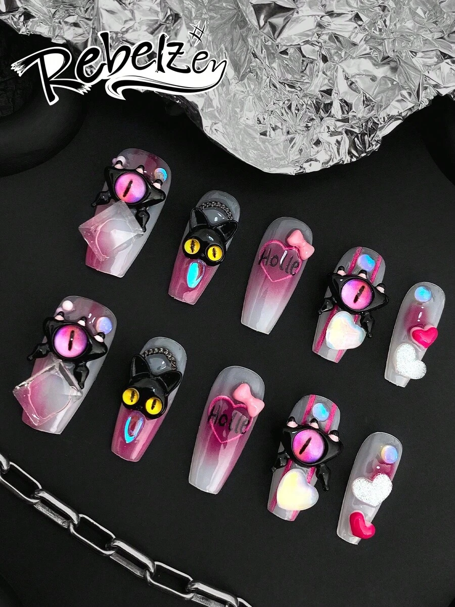 10 Hand-Pressed Coffin-Shaped Nails, Fake Nails, DIY, Halloween Nails,3D Colorful Cat Heart Bow, Transparent Gradient Nail Surface Creates Rebellious Yet Sweet Fingertip Fashion, Suitable For Girls And Ladies To Reusable Nail Art Supplies In Weddings, Parties, Holiday Scenes, Gift A Nail Kit - Hot Pink - View 1