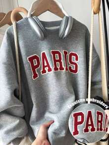 Christmas Outfit WomenWomen Gray Rib-Knit Pullover Sweatshirt With Long Sleeve Round Neck And Paris Embroidery Casual Fits, Featuring A Comfortable Round Neck And Long Sleeves With Rib-Knit Details For Everyday WearLoose And Comfortablewinter Clothes For Women - 灰色 - 查看 3