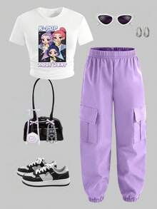 Conjunto de top de manga corta con cuello redondo y estampado de dibujos animados, y pantalones cargo para niñas pequeñas - Blanco - Ver 2