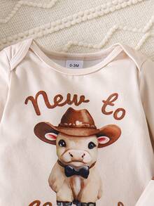 2pcs/Set Baby Boy Casual Comfortable Animal Print Long Sleeve Romper + Printed Pants Set, Autumn/Winter - Apricot - View 4