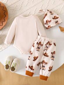 2pcs/Set Baby Boy Casual Comfortable Animal Print Long Sleeve Romper + Printed Pants Set, Autumn/Winter - Apricot - View 3