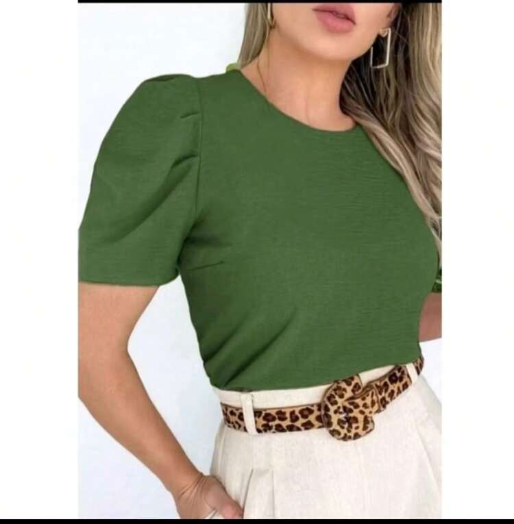 Women's Green Viscose Blouse With Puff Sleeves, No Stretch, Round Neck, Ideal For Summer. - xanh quân đội - Xem 1