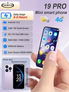 SERVO Mini Android 12.0 Smartphone 4G LTE Dual SIM Cards Android 12.0 3.88-Inch High-Definition Display RAM 3GB+ROM 32GB Portable Smartphone - Black - View 15