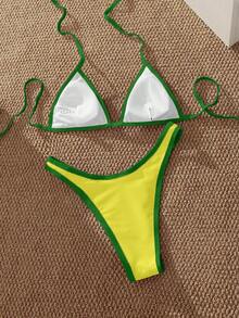 PEPPERMOLLY 全新纯色吊带系带性感比基尼，时尚女士泳装套装，适合夏季海滩 - 黃色 - 查看 4