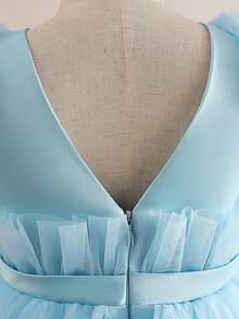 Vestido largo de satén y tul de unicolor para niñas con lazo en la cintura, elegante y para fiesta de cumpleaños, sin diadema - Azul - Ver 10