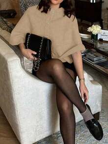 FOR BEAUTY Spring/Summer New Solid Color Round Neck Single-Breasted Poncho-Style 2-In-1 Knit Cardigan Women Top, Fashionable, Elegant, Minimalist, Versatile, Loose Fit, Suitable For Dates, Outings, Commuting, Spring Knitwear Jacket - Warm Apricot - View 3
