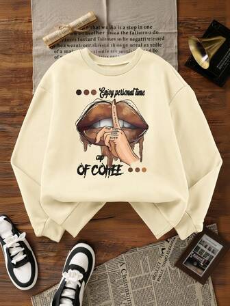 Sudadera gráfica para mujer talla grande para otoño e invierno, sudadera beige con estampado de amante del café, top casual y acogedor de otoño e invierno, diseño chic de tiempo personal