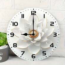 1pc Silent 3D Flower Wall Clock - Elegant White & Golden Round Clock, Decorative Battery Operated (AA Battery Not Included) Home, Kitchen, Living Room, Office, Wall Clock Living Room - Multicolor - View 3