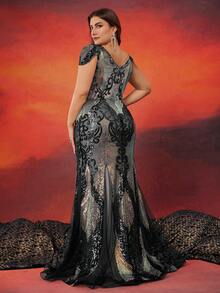 Vestido de festa BluePlum - Vestido longo sereia feminino com apliques de renda, tule e lantejoulas, elegante vestido de noite sem mangas com decote em V para convidadas de casamento, festas e coquetéis, preto. - Preto - Ver 2