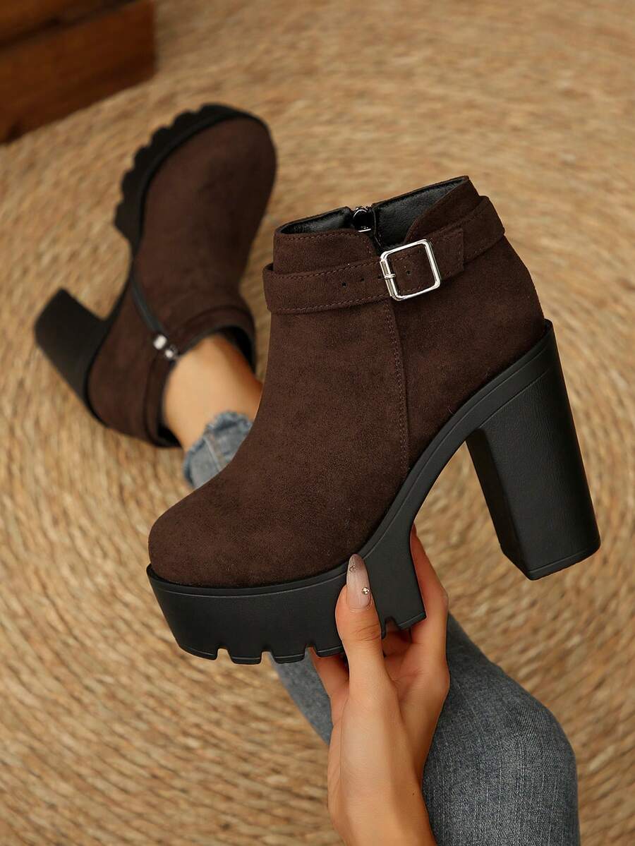 Botas de tobillo con plataforma y tacón alto grueso, versátiles y impermeables, de moda - Café integral - Ver 1