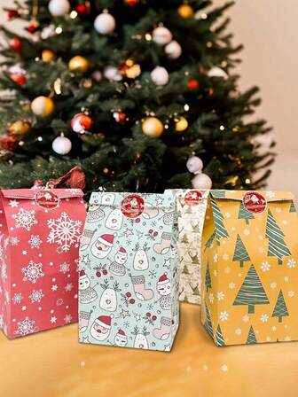 Paquete de 24 (12 bolsas de paquete mixto + 12 etiquetas resellables rojas) Bolsas de regalo con copos de nieve y renos DABONAS para Navidad - Bolsas de papel para regalos de Año Nuevo para fiestas, celebraciones festivas y decoraciones, adornos navideños con renos, bolsas de regalo para fiestas, patrón de copos de nieve, diseños navideños