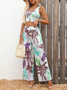 2pcs/Set Women's Tropical Print V-Neck Sleeveless Top And Wide Leg Pants Suit, Elegant Vacation Casual Outfit, Summer - Green - View 7