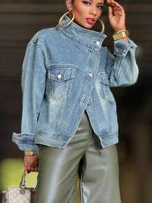 New Women's Crossover Washed Denim Biker Jacket With Stand-Up Collar, Machine Washable, Comfortable Fit, Suitable For Everyday Wear. - 藍色 - 查看 3