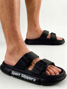 可调节绑带凉拖鞋，EVA模压轻便运动拖鞋，男士休闲日常人字拖 - 黑色 - 查看 1