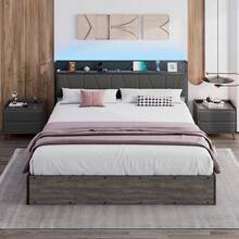 Full/Queen/King Size Linen Upholstered Lift Up Bed Frame With LED Light And Storage Headboard, Modern Platform Bed Frame Featuring Charging Station, Noisy Free Design And No Box Spring Needed, Bedroom Furniture Accent, Grey - 灰色 - 查看 10