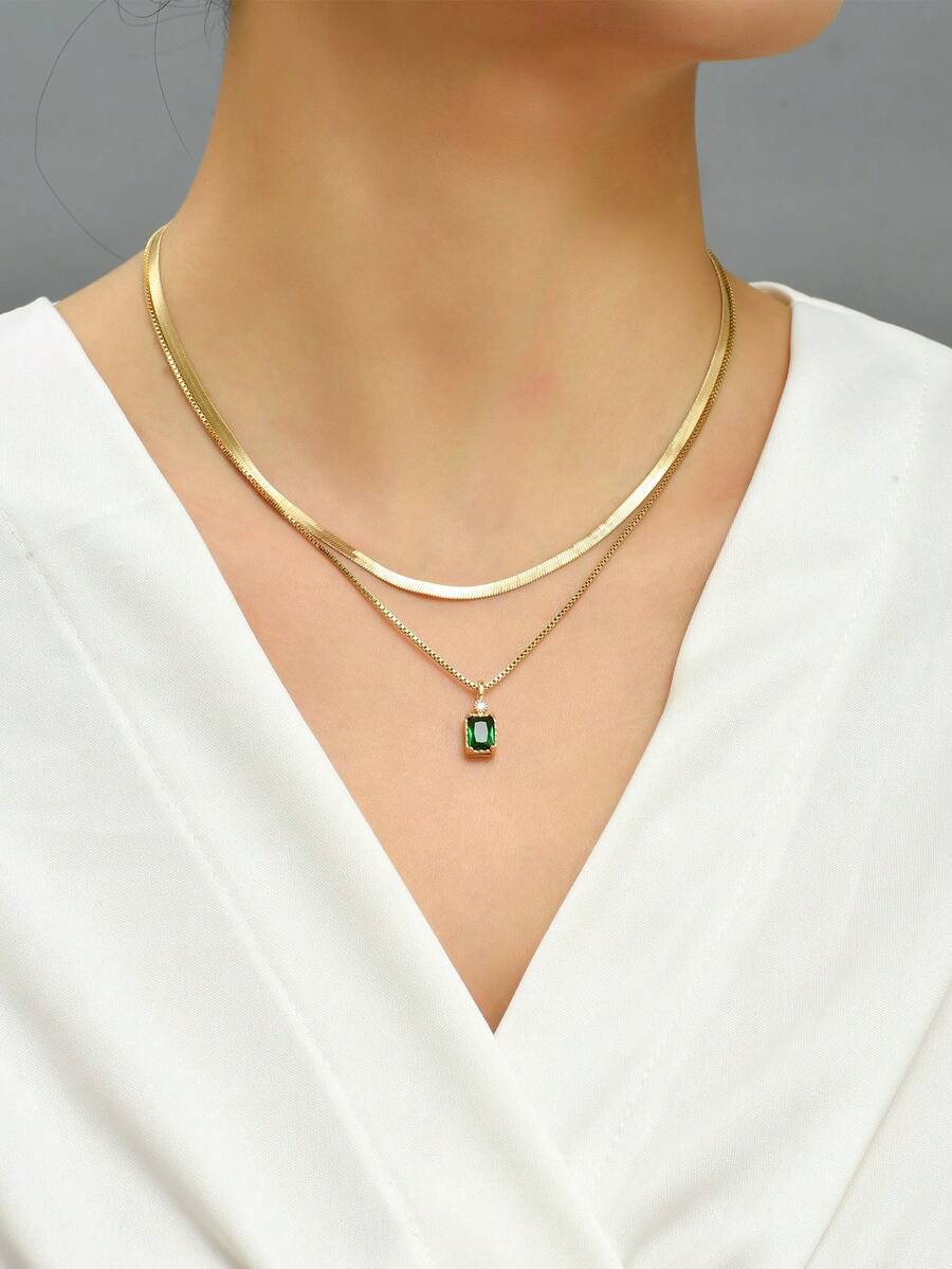 2pcs Fashionable Micro-Inlaid Dark Green Square Zirconia Element Venetian Chain Necklace Set - Yellow Gold - View 1