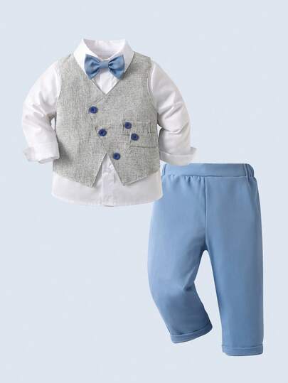 BOARNSEORL 3pcs Baby Boys Gentleman Outfit Set - White Shirt With Bow Tie, Vest And Pants, Fashionable And Stylish For Birthday Party, Wedding, Christening, Anniversary