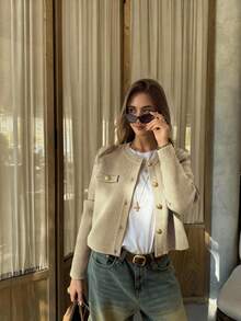 MORI 女士春秋新款针织开衫，休闲时尚街头风，金属纽扣圆领设计，适合通勤和日常穿着，纯米色毛衣上衣，新年版 - 米褐色 - 查看 3