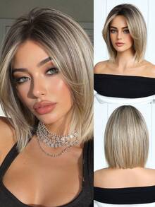 10 Inch Piano Color Short Bob Wig, Dark Roots, Heat Resistant Synthetic Wig, Suitable For Women's Daily Wear, School And Music Festival Celebrations, Graduation And Holiday Gifts, Exquisite Accessory - 間色 - 查看 2