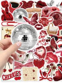 50pcs Red Aesthetic Stickers, Valentine's Day Stickers, Girl Stickers, Handmade Materials, Vinyl Stickers - Multicolor - View 5
