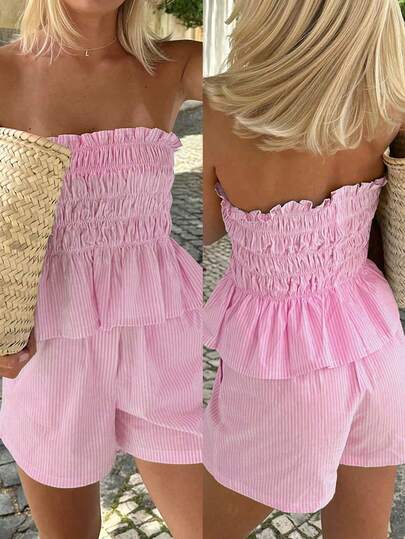 Vaiaye Women's Summer Hawaiian Bohemian Beach Vacation 2 Pieces Set - Striped Ruffled Bandeau Top And Shorts, Suitable For Dates, Afternoon Tea, Holidays, Music Festivals, And Valentine's Day