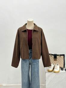 Vintage Stil Damen Frühlings Kleidung, Valentinstag, Pendler Tragen, einfarbige leichte Jacke mit Reißverschluss und langen Ärmeln | Elegante Jacke mit Kragen und langen Ärmeln, geeignet für Büro/Alltag Outfit im Frühling, modisches Top - Kaffeebraun - Übersicht 6
