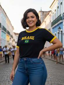 Women's Embroidered Brazil Shirt – Regular Fit, Casual Look, No River - 黑色 - 查看 2