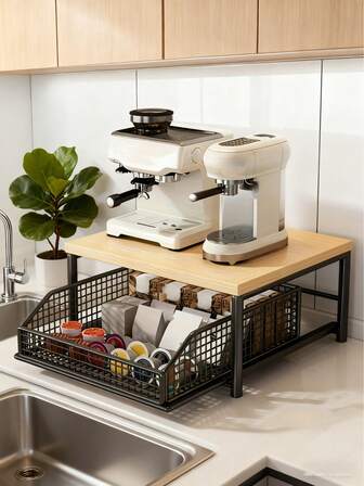 双层实木金属厨房台面置物架，带抽屉和金属篮 - 节省空间的收纳架，可放置咖啡机、餐具、调料 - 现代黑白设计，无需用电，经久耐用的家用收纳架，也可作微波炉架