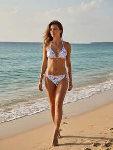 两件套波西米亚风优雅系带露背印花比基尼泳衣，女士夏季海滩度假 - 白色 - 查看 2