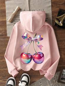 1pc Tween Girl Thermal Lined Hooded Sweatshirt, Warm Winter Youth Clothing, Suitable For Children, Autumn/Winter Long Sleeve Top, Y2K/Casual/Stylish/Daily/Streetwear/Holiday/School/Girly/Cute - Pink - View 2