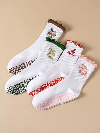 4双可爱荷叶边蕾丝女士瑜伽普拉提袜，中筒袜，运动袜