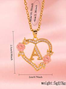 1pc Copper Inlaid Zirconia Hollow Heart Flower Pendant 26 English Letter Creative High-End Fashionable Necklace For Women - Gold - View 4