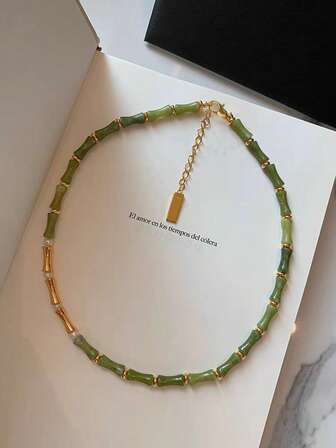1pc Natural Olive Green Stone Bamboo Node Chinese Jade & Freshwater Pearl Necklace, Women's Luxury Collarbone Chain, Suitable For Daily Wear
