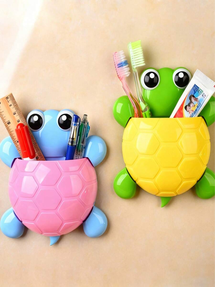 1 pieza Soporte para cepillo de dientes con forma de tortuga linda, estante de almacenamiento de plástico montado en la pared con ventosa fuerte para cepillo de dientes y pasta de dientes, sin necesidad de taladrar